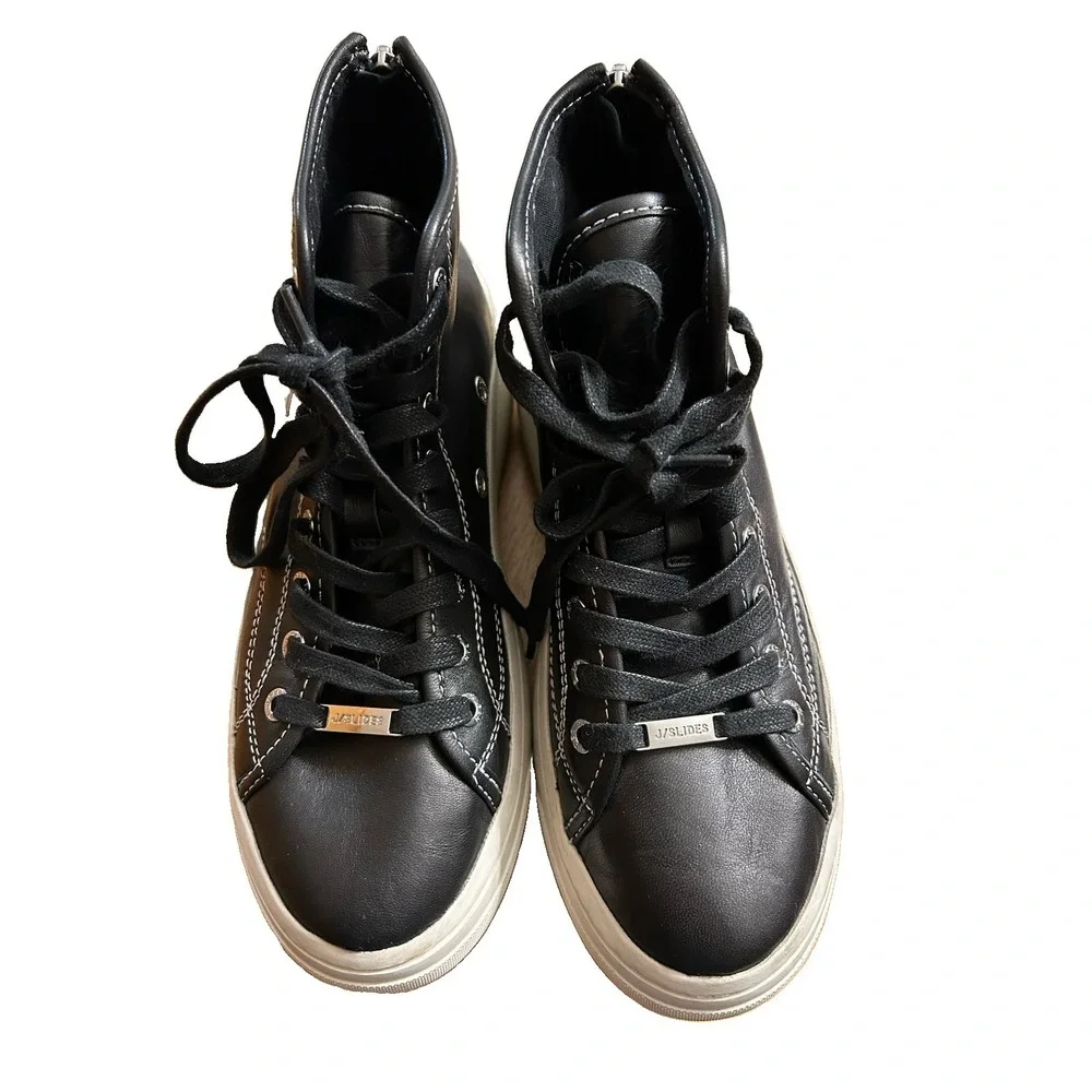 J/SLIDES NYC Black Leather High Top Platform Sneakers 7M Downtown Girl Chunky